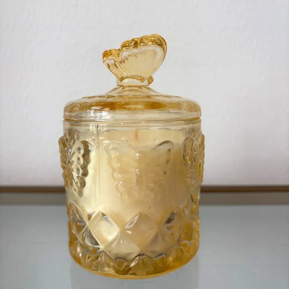 Laura Ashley BUTTERFY MEADOW Soy Blend Candle in Decorative Yellow Jar w/ Lid